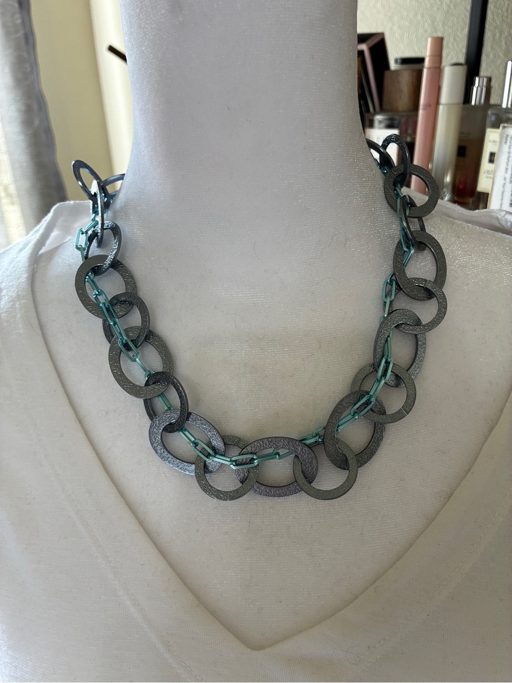 Sabika Textured Round-Link Necklace in Teal and Gunmetal silver.